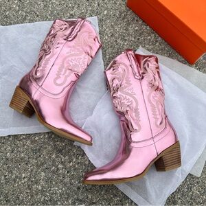 Cowboy Boots for Women Metallic Mid Calf Cowgirl Boots Pull-on Pointed-toe